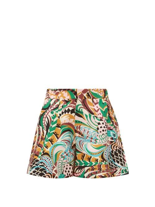 Matchesfashion.com La Doublej - Good Butt Peacock-print Silk Shorts - Womens - Multi