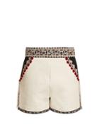 Matchesfashion.com Talitha - Embroidered High Rise Cotton Twill Shorts - Womens - White Multi