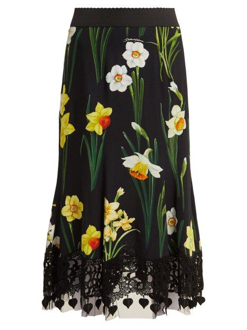 Matchesfashion.com Dolce & Gabbana - Daffodil Print Cady Midi Skirt - Womens - Black Multi