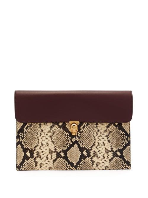 Matchesfashion.com Alexander Mcqueen - Skull Twist Clasp Python Effect Leather Pouch - Womens - Burgundy Multi