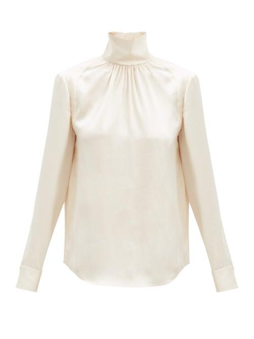 Matchesfashion.com Rochas - High-neck Silk-satin Blouse - Womens - Cream