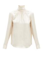 Matchesfashion.com Rochas - High-neck Silk-satin Blouse - Womens - Cream