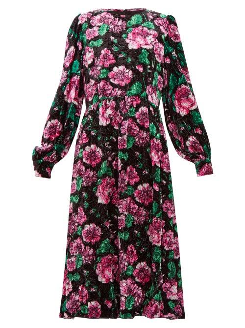 Matchesfashion.com Marc Jacobs - Rose Print Crinkle Velvet Balloon Sleeve Dress - Womens - Black Print