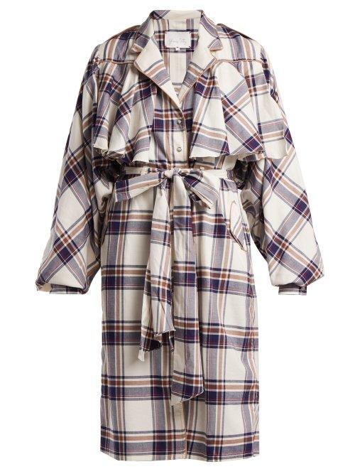 Matchesfashion.com Johanna Ortiz - Memoria Del Viento Checked Cotton Trench Coat - Womens - Light Blue