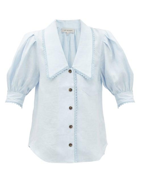 Lee Mathews - Ali Elongated-collar Linen Blouse - Womens - Light Blue