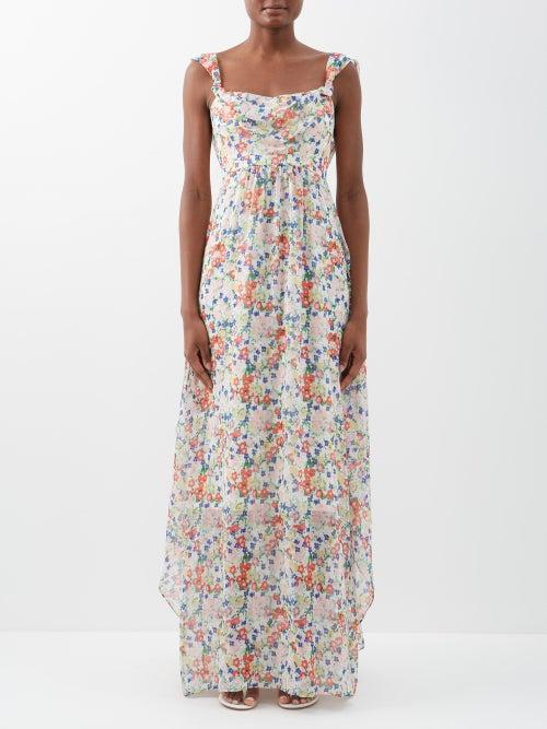 Saloni - Monique Square-neck Floral-print Silk Maxi Dress - Womens - Red Multi