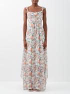 Saloni - Monique Square-neck Floral-print Silk Maxi Dress - Womens - Red Multi