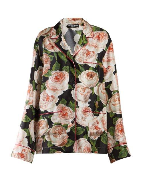 Matchesfashion.com Dolce & Gabbana - Rose Print Silk Pyjama Shirt - Womens - Black Pink
