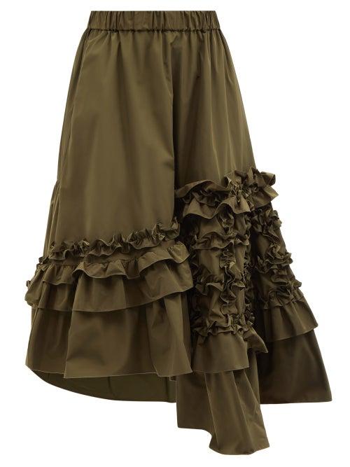 Biyan - Nikku Asymmetric Ruffled Satin Midi Skirt - Womens - Khaki