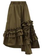 Biyan - Nikku Asymmetric Ruffled Satin Midi Skirt - Womens - Khaki