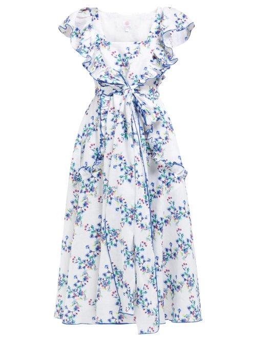 Matchesfashion.com Gl Hrgel - Ruffled Floral Print Linen Midi Dress - Womens - White Multi