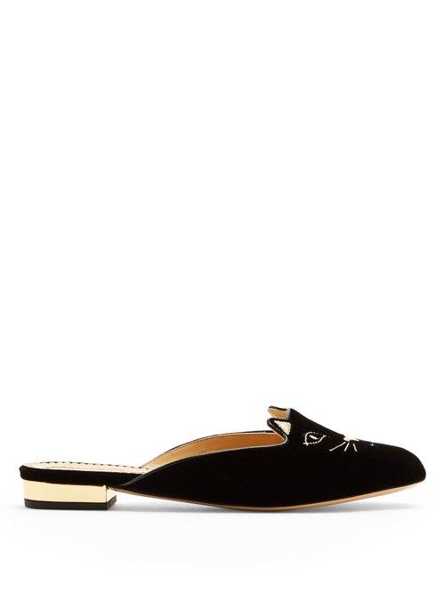 Matchesfashion.com Charlotte Olympia - Kitty Cat Face Embroidered Velvet Backless Loafers - Womens - Black