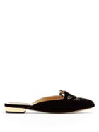 Matchesfashion.com Charlotte Olympia - Kitty Cat Face Embroidered Velvet Backless Loafers - Womens - Black