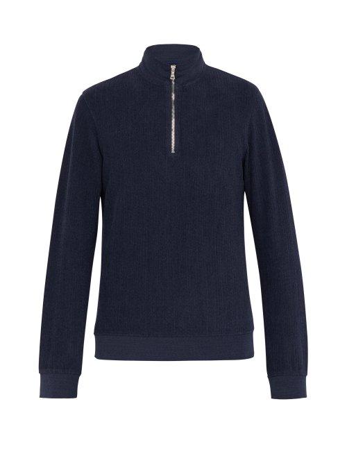 Matchesfashion.com Orlebar Brown - Hewson Half Zip Cotton Blend Towelling Sweatshirt - Mens - Navy