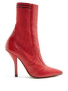 Matchesfashion.com Fendi - Leather And Ribbed Knit Ankle Boots - Womens - Red