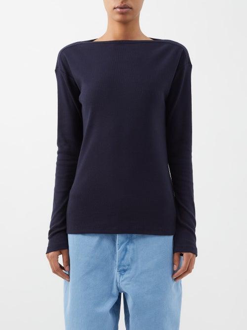 Raey - Kissing-edge Cotton Long-sleeved T-shirt - Womens - Navy