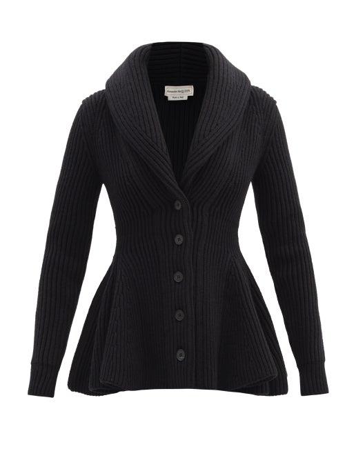 Matchesfashion.com Alexander Mcqueen - Peplum Ribbed Wool Cardigan - Womens - Black