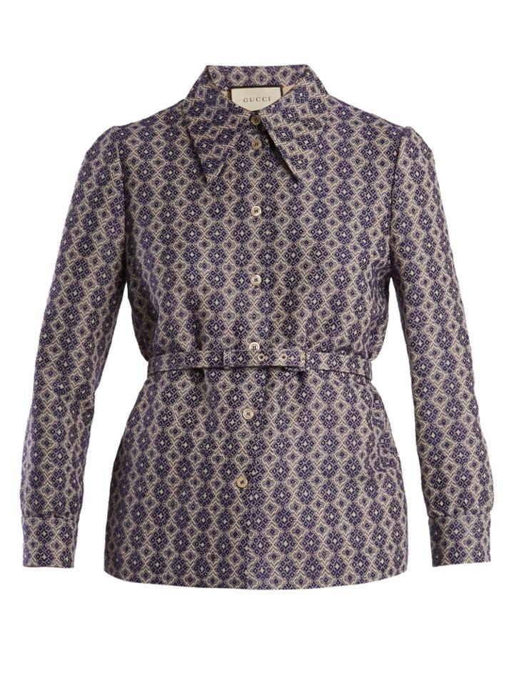 Gucci Point-collar Belted Linen-blend Jacquard Shirt