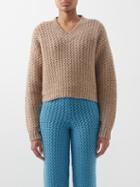 The Elder Statesman - Rope Stitch V-neck Cropped Cashmere Sweater - Womens - Brown Beige