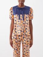 Saloni - Marlowe Shell-print Silk Blouse - Womens - Navy Multi