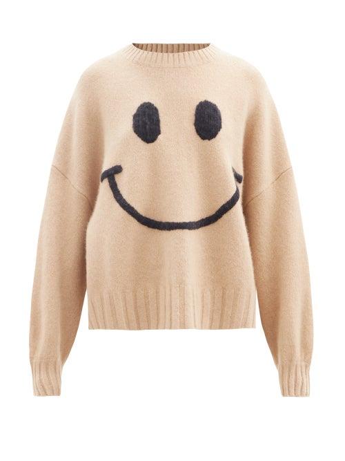 Matchesfashion.com Joostricot - Smiling Face-embroidered Merino Wool-blend Sweater - Womens - Camel