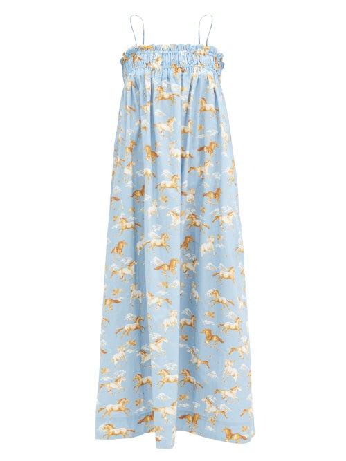 Matchesfashion.com Ganni - Shirred Horse-print Cotton Midi Dress - Womens - Blue Multi