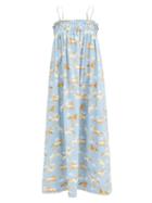 Matchesfashion.com Ganni - Shirred Horse-print Cotton Midi Dress - Womens - Blue Multi