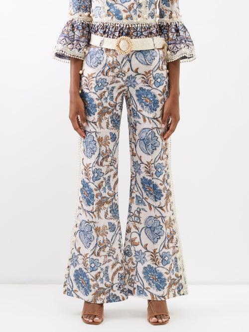 Zimmermann - Vitali Lace-trimmed Floral-print Flared Trousers - Womens - Blue Print