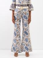 Zimmermann - Vitali Lace-trimmed Floral-print Flared Trousers - Womens - Blue Print