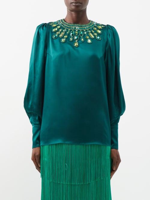 Andrew Gn - Crystal-embellished Silk-blend Satin Blouse - Womens - Green