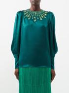 Andrew Gn - Crystal-embellished Silk-blend Satin Blouse - Womens - Green