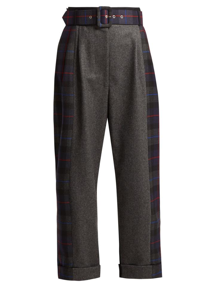 Isa Arfen Tartan-panelled Wool Wide-leg Trousers