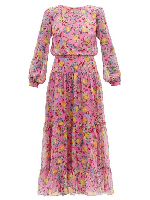 Matchesfashion.com Saloni - Isabel Lemon Print Silk Georgette Dress - Womens - Pink Multi
