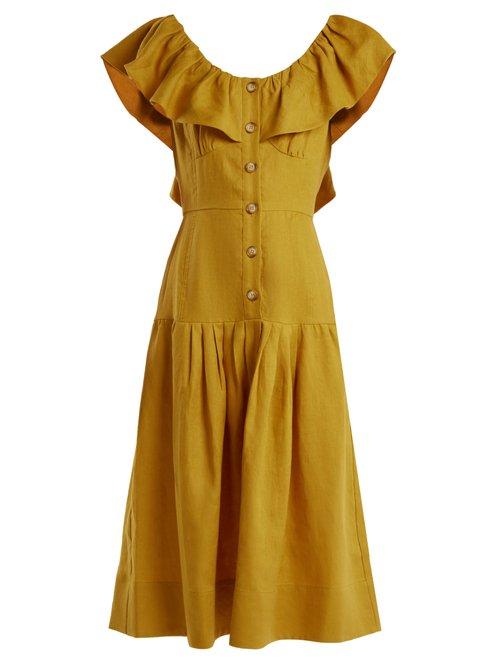 Matchesfashion.com Sea - Goldie Dropped Waist Ruffled Neck Linen Dress - Womens - Yellow