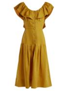 Matchesfashion.com Sea - Goldie Dropped Waist Ruffled Neck Linen Dress - Womens - Yellow