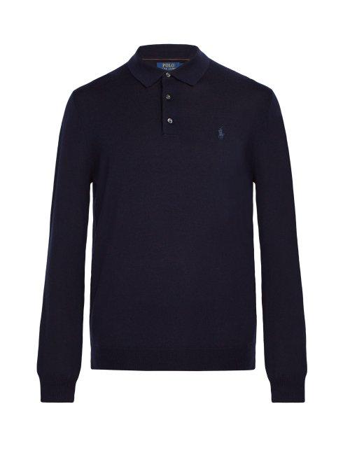 Matchesfashion.com Polo Ralph Lauren - Logo Embroidered Long Sleeved Wool Polo Shirt - Mens - Navy