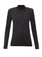 Matchesfashion.com Balmain - Button High-neck Wool-blend Sweater - Womens - Black