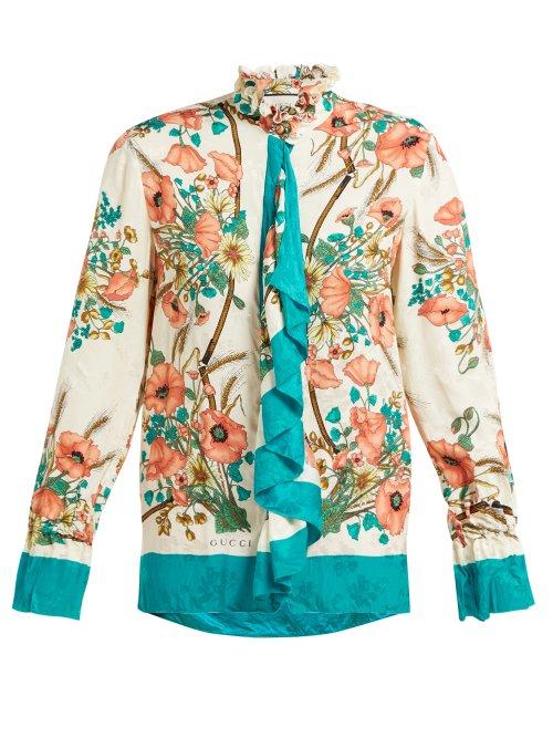 Matchesfashion.com Gucci - Poppy Print Silk Jacquard Blouse - Womens - Pink Multi