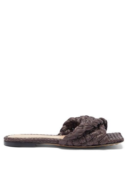 Matchesfashion.com Bottega Veneta - Stretch Square-toe Faux-raffia And Leather Slides - Womens - Dark Brown