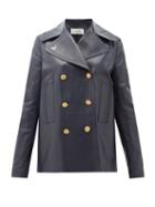Matchesfashion.com Valentino - Double-breasted Logo-plaque Leather Peacoat - Womens - Navy