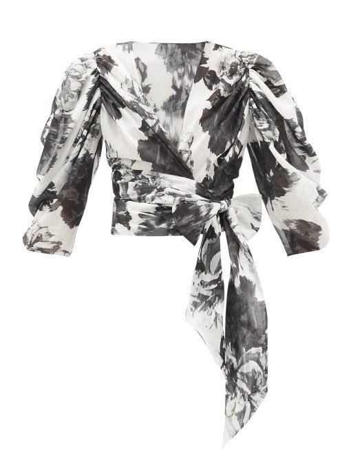 Matchesfashion.com Alexandre Vauthier - Puff-sleeve Floral-print Cotton Wrap Blouse - Womens - Black White