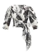 Matchesfashion.com Alexandre Vauthier - Puff-sleeve Floral-print Cotton Wrap Blouse - Womens - Black White