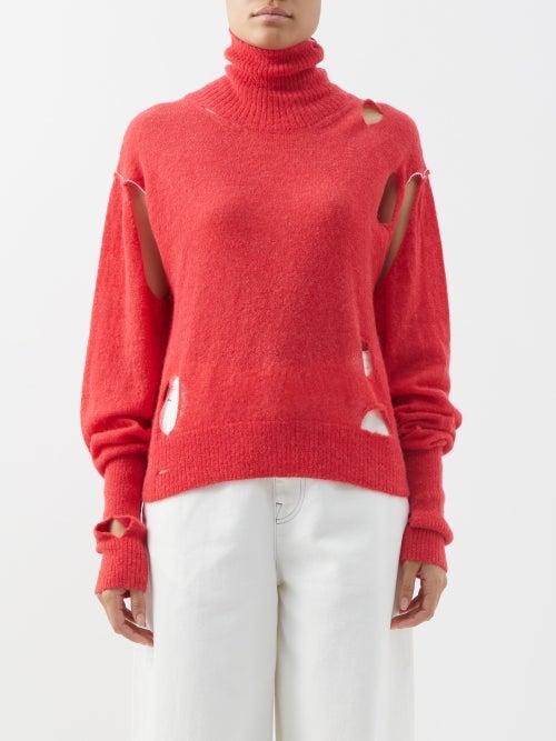 Mm6 Maison Margiela - Distressed Alpaca-blend Roll-neck Sweater - Womens - Light Red