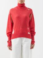 Mm6 Maison Margiela - Distressed Alpaca-blend Roll-neck Sweater - Womens - Light Red