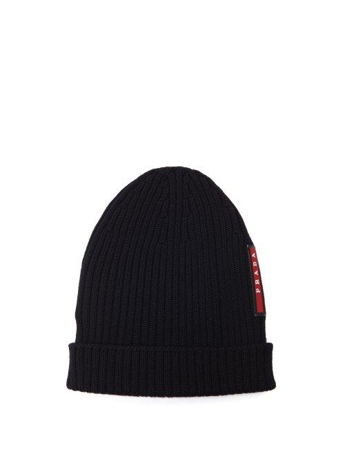 Matchesfashion.com Prada - Logo Embellished Ribbed Knit Beanie Hat - Mens - Black