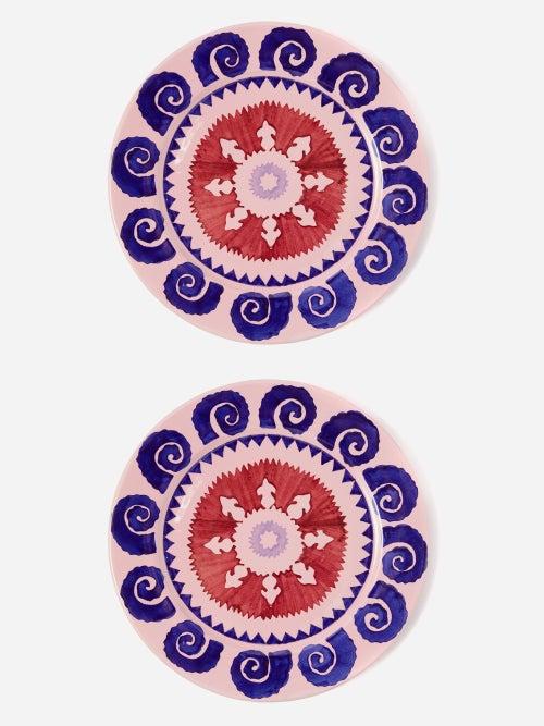 Emporio Sirenuse - Set Of Two Swirl Sun Painted Ceramic Plates - Pink Red