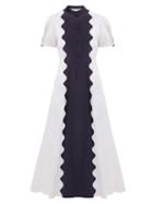 Matchesfashion.com Valentino - Damier Scalloped Panel Cotton Organdy Midi Dress - Womens - White Navy
