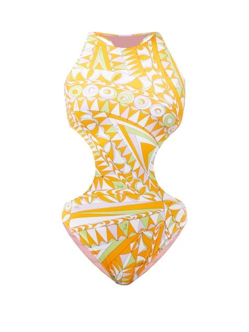Emilio Pucci - Bandierene-print Cut-out Racerback Swimsuit - Womens - Orange Print