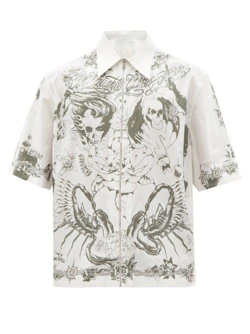 Mens Rtw Givenchy - Short-sleeved Tattoo-print Cotton-poplin Shirt - Mens - White