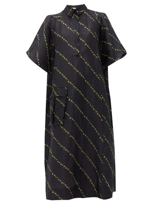 Matchesfashion.com Ganni - Mini Floral Print Side Slit Linen Blend Dress - Womens - Black Multi
